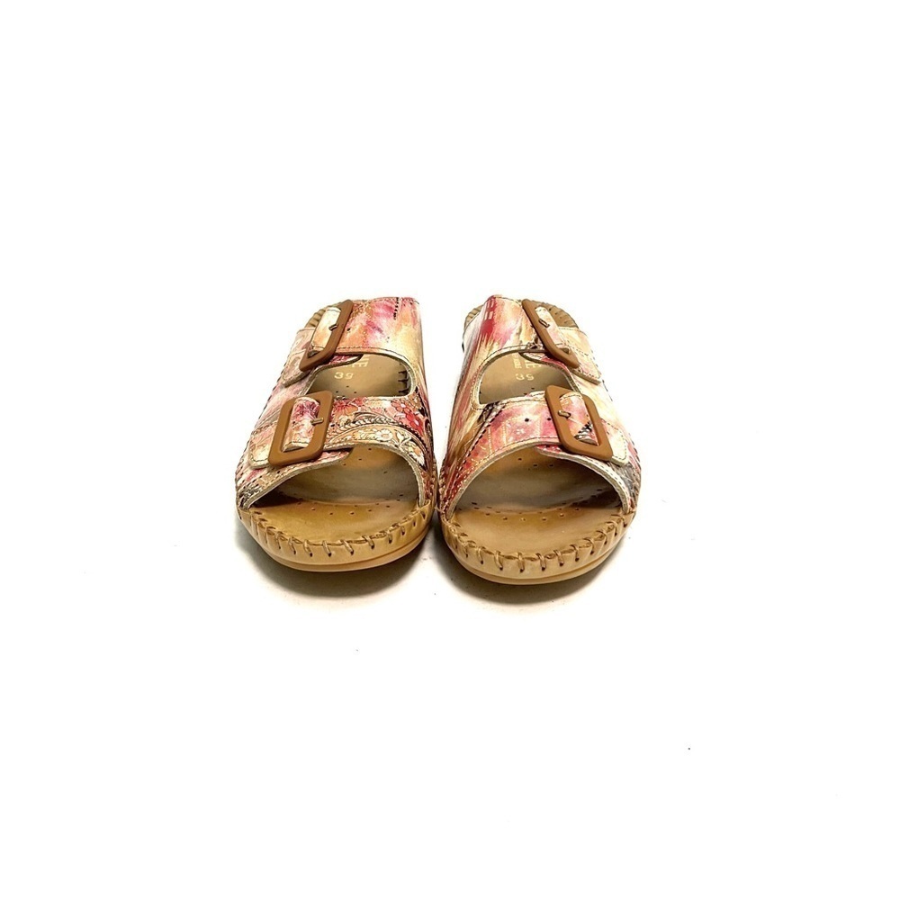 Vintage Y2K deadstock brown leather pink printed buckle wedge walking sandals - Picture 3 of 8